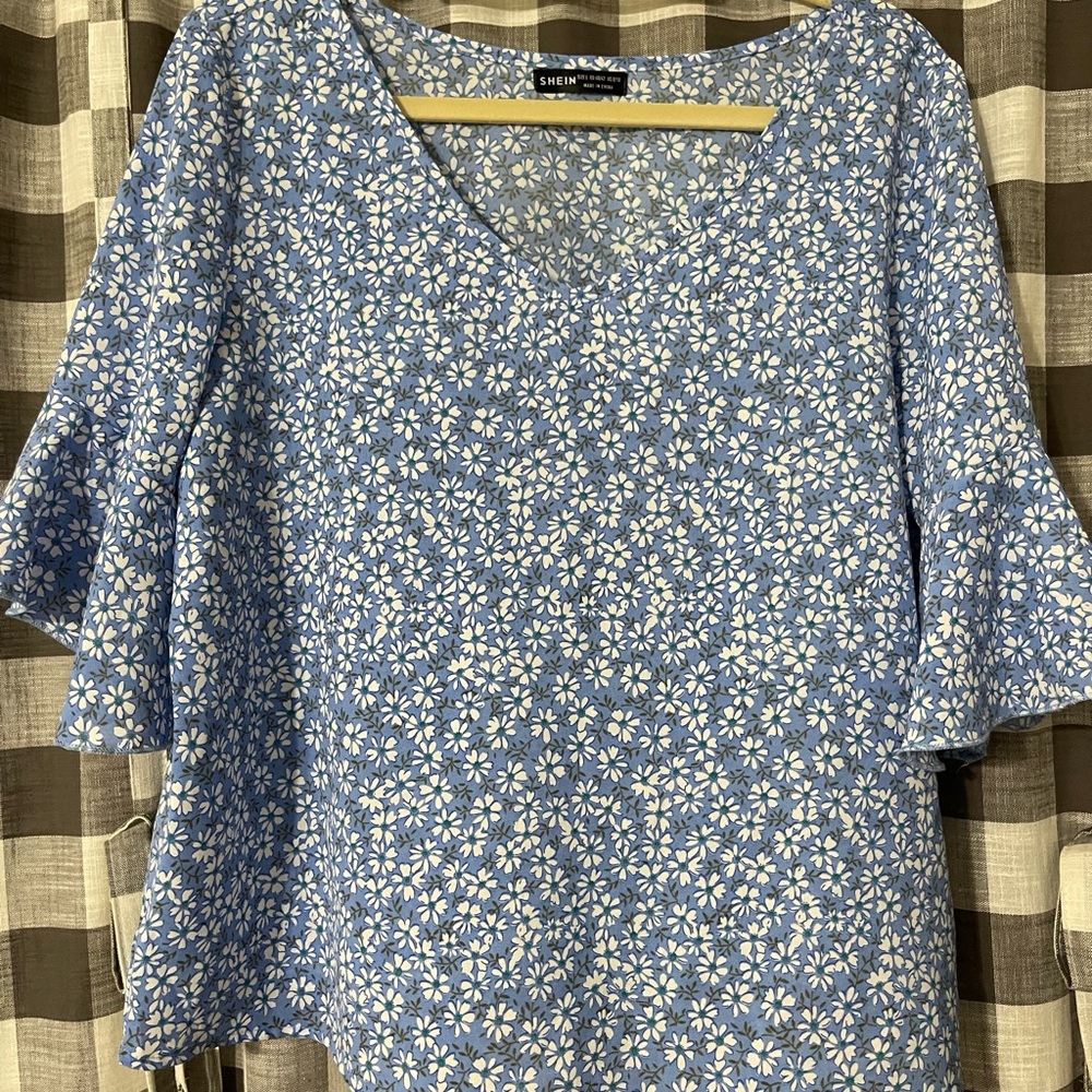 SHEIN Blue and White Floral Blouse